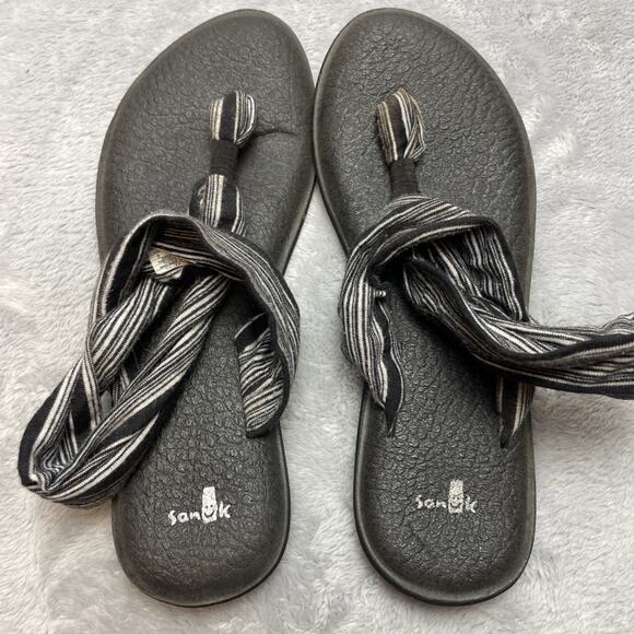 Sanuk Yoga Mat Sandals Womens 9 Black Stripe Slingback Platform Comfort Thongs - Picture 5 of 8